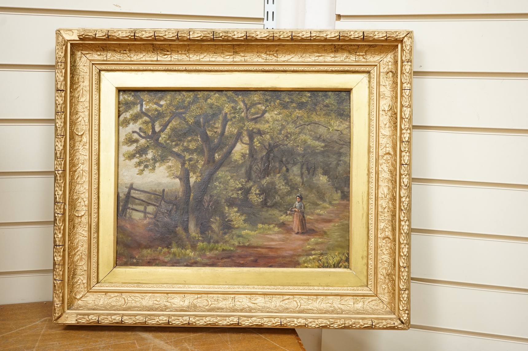Sir Alfred East (1844-1913), figure on a pathway, signed and dated 1896, oil on canvas, gilt framed, 32 x 42cm